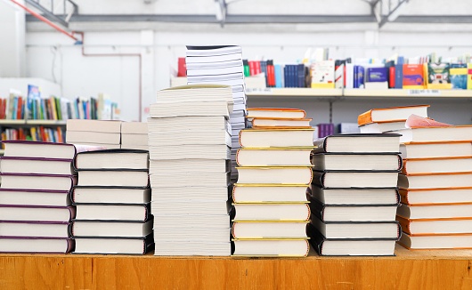 pile of books in library, education and learning concept, selective focus