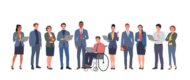 istock Group of different businesswomen  and businessmen  standing holding and using laptopd. Corporate office style. Vector flat style cartoon illustration 2083649950