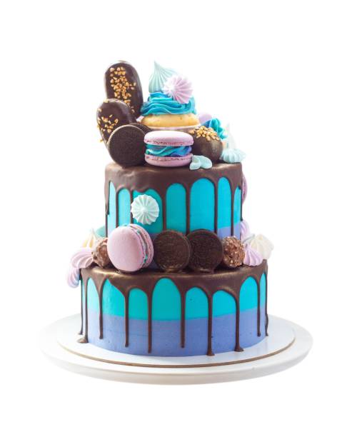 istock Layered blue cake on cake stand isolated on white background. A picture for a menu or a catalog of confectionery products. Close up, png 2083654180