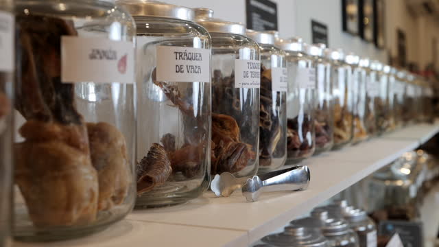 Rows of old fashioned glass jars filled with dried dog treats displayed with serving tongs in pet shop