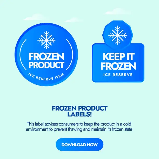 Vector illustration of Frozen Product. Keep it Frozen labels, stickers, stamps, emblem with snowflake icon. Two different designs of labels, stamps, stickers for Frozen products. Keep the products in ice refrigerator. Vector stock illustration