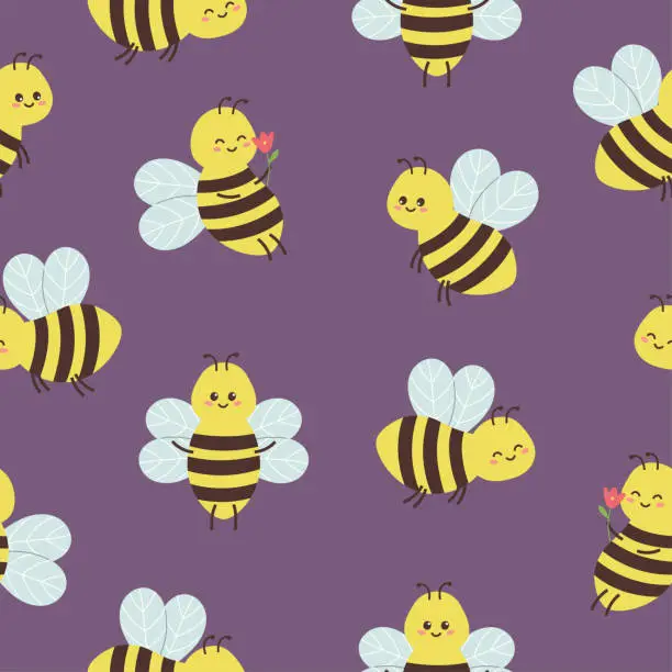 Vector illustration of Seamless pattern of cute smiling bees on purple background.