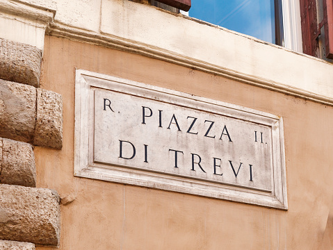 Piazza di Trevi (tranlation Trevi's Square) marble sign in Rome Italy