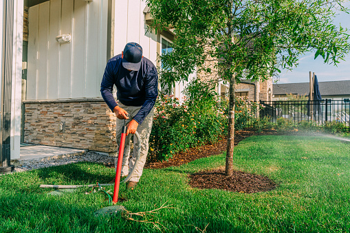 Professional Landscaper Man using a Hand Bilge Pump to Remove Water from a Flooded Area around a Sprinkler Control Box