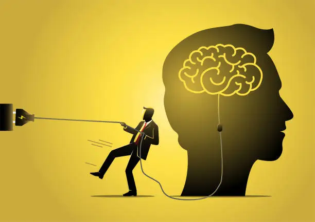 Vector illustration of A businessman trying to unplug the brain Business concept