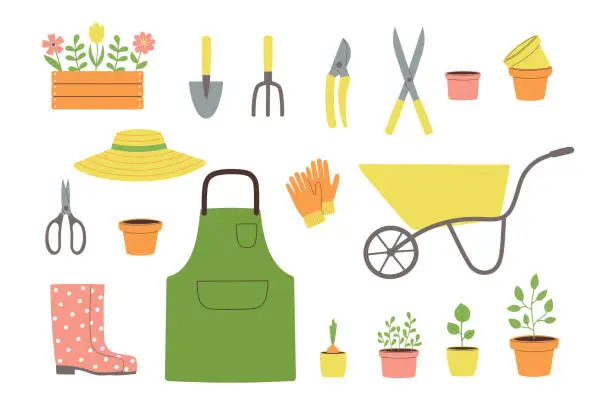 Vector illustration of Set of gardening tools and flowers.