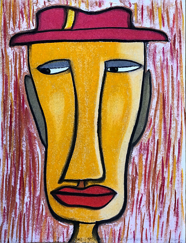 Drawing of human face on colorful background with abstract shapes.