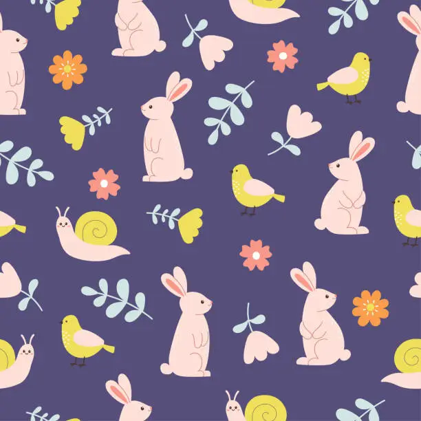 Vector illustration of Seamless pattern of cute rabbits, birds, snails and flowers on dark blue background