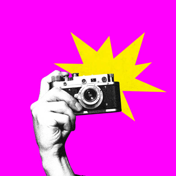 Poster. Contemporary art collage. Hand holds retro photo camera in monochrome filter against pink background. Vibrant abstract design. Poster. Contemporary art collage. Hand holds retro photo camera in monochrome filter against pink background. Concept of art, vintage things, mix old and modernity. Copy space for ad party photo backdrop stock pictures, royalty-free photos & images