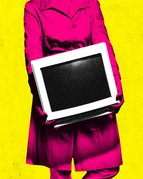 Poster. Contemporary art collage. Unrecognizable woman holds vintage computer monitor against yellow background. Vibrant abstract design. Poster. Contemporary art collage. Unrecognizable woman holds vintage computer monitor against yellow background. Vibrant abstract design. Concept of art, vintage things, mix old and modernity. Ad camera covers pictures stock pictures, royalty-free photos & images