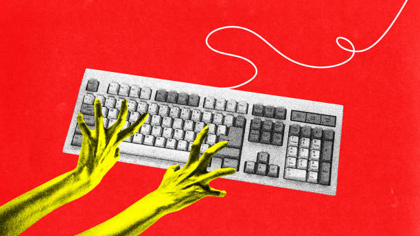 istock Poster. Contemporary art collage. Monochrome yellow hands typing on computer keypad against red background. Vibrant abstract design. 2083709680