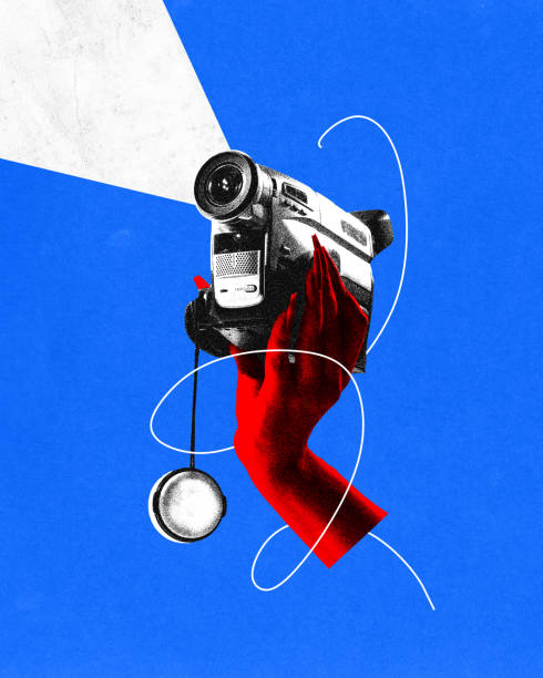 Poster. Contemporary art collage. Hand in red monochrome filter holds vintage video camera against blue background. Vibrant abstract design. Poster. Contemporary art collage. Hand in red monochrome filter holds vintage video camera against blue background. Vibrant abstract design. Concept of art, vintage things, mix old and modernity. Ad camera covers pictures stock pictures, royalty-free photos & images