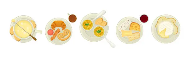 Vector illustration of French Food Dishes Served on Plates for Restaurant Menu Top View Vector Set