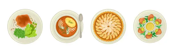 Vector illustration of French Food Dishes Served on Plates for Restaurant Menu Top View Vector Set