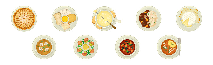 French Food Dishes Served on Plates for Restaurant Menu Top View Vector Set. Traditional Cuisine of France
