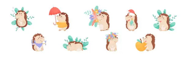 Vector illustration of Hedgehog Character Engaged in Different Activity Vector Set