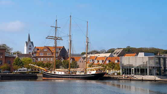 Tallship Maja in harbour of market town Thisted in Nordjylland, Denmark