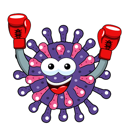 Cartoon mascot character virus or bacterium boxer boxing gloves exulting isolated vector illustration