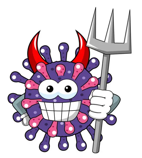 Vector illustration of Cartoon mascot character virus or bacterium devil hlding trident weapon isolated vector illustration