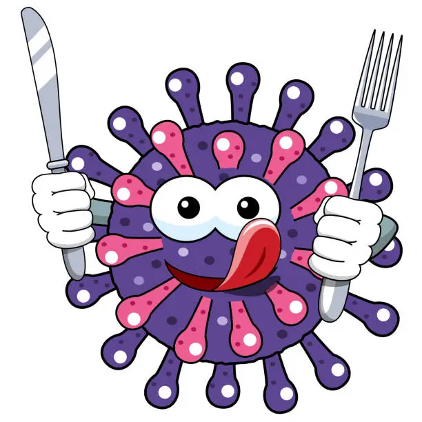 Vector illustration of Cartoon mascot character virus or bacterium fork and knife yummy ready to eat isolated vector illustration