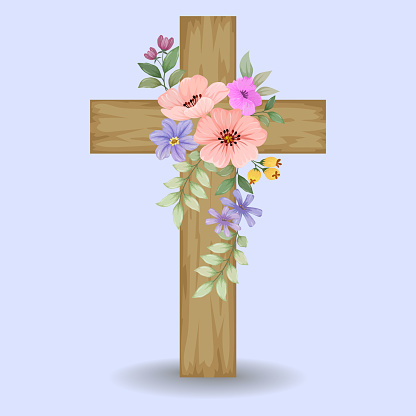 Wood crosses decorated with flowers, Easter religious symbol for the design of church holidays