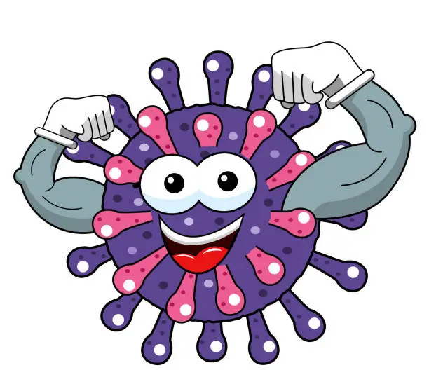 Vector illustration of Cartoon mascot character virus or bacterium showing muscles biceps strenght solated vector illustration