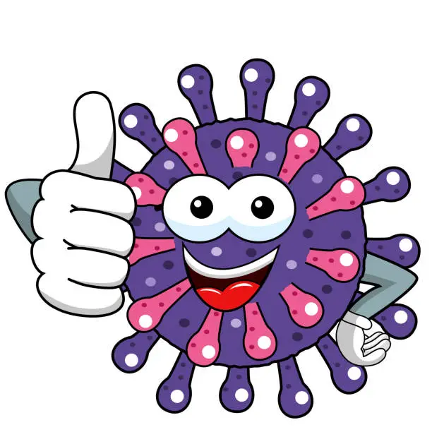 Vector illustration of Cartoon mascot character virus or bacterium ithumb up positive approving concept solated vector illustration