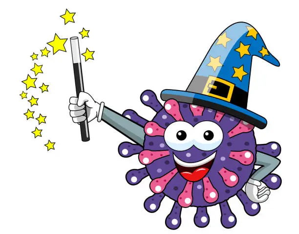 Vector illustration of Cartoon mascot character virus or bacterium wizard magician isolated vector illustration