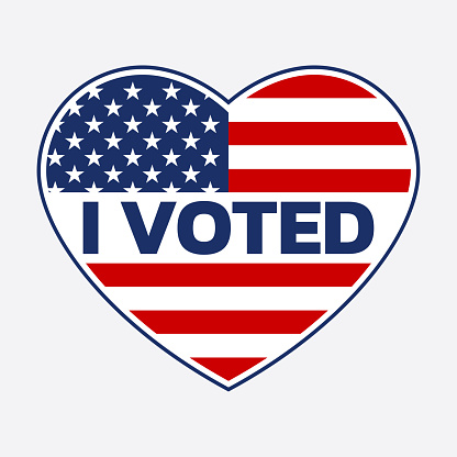 Vote icon, badge or sign. I voted heart shape sticker with USA flag. Voting, presidential campaign concept. American election design element. Vector illustration.