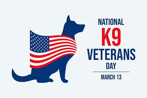 Silhouette of a military working sitting dog and american flag icon vector. Template for background, banner, card. March 13 every year. Important day