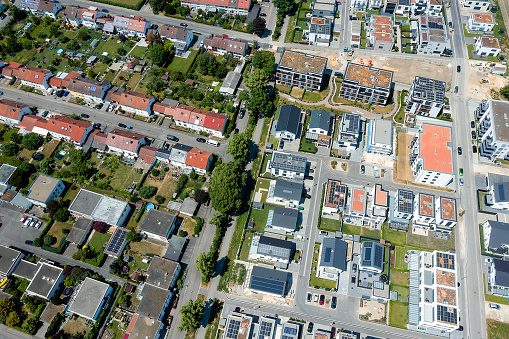 Residential neighborhood with new houses seen from above.