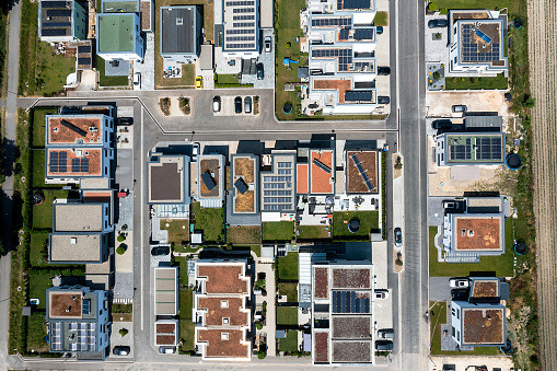 Residential neighborhood with new houses seen from directly above.