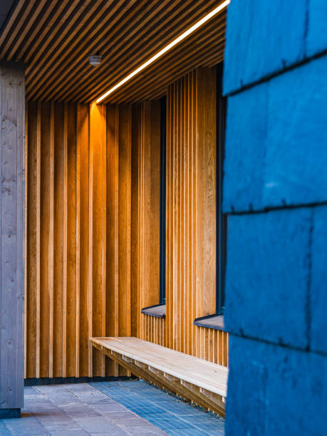 istock Long Wooden Bench Beside Building 2083778555