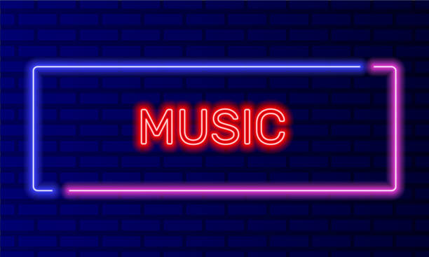 istock Neon sign music in speech bubble frame on brick wall background vector. Light banner on the wall background. Music button broadcasting online, design template, night neon signboard 2083779601