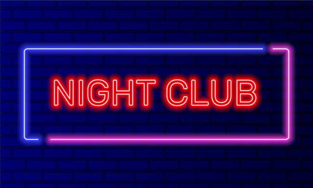 istock Neon sign night club in speech bubble frame on brick wall background vector. Light banner on the wall background. Night club button for disco or night party, design template, night neon signboard 2083779606