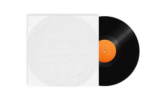 Vinyl record  with a blank orange sticker isolated on whitw background