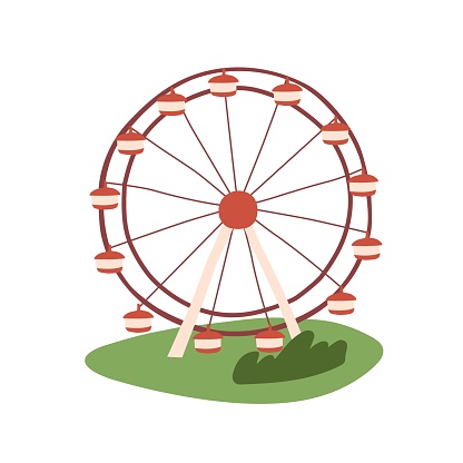 Ferris or Observation wheel. Roundabout attraction in amusement park. Funfair carousel, festive turning carrousel with cabins. Summer outdoor entertainment. Flat isolated vector illustration on white.