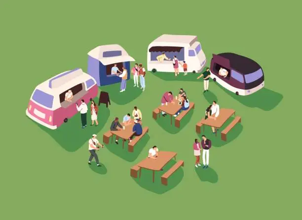 Vector illustration of Food trucks with different snacks, drinks. People eating on the picnic tables. Friends, couples, families relax outdoor. Kiosk vans with ice cream. Fastfood festival in park. Flat vector illustration