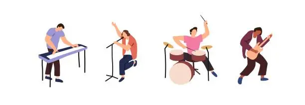 Vector illustration of Rock band members set. People play music instruments. Musicians perform with guitar, drum kit, synthesizer. Pop artist, singer sing song with microphone. Flat isolated vector illustration on white