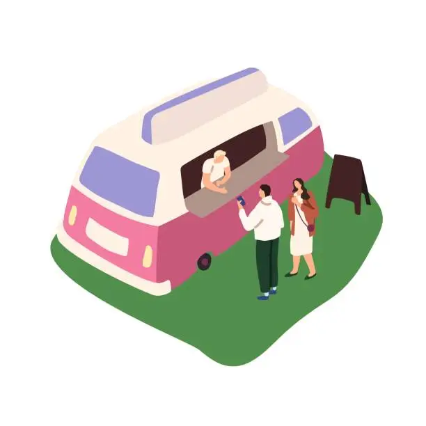 Vector illustration of Couple on romantic date buys ice cream in food truck. Seller in van stall sells snacks. Kiosk of fastfood outdoor. People on summer festival in park. Flat isolated vector illustration on white