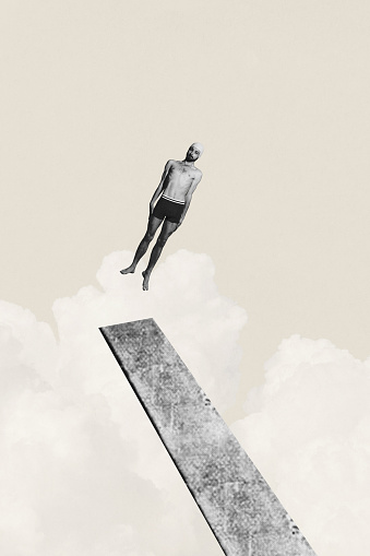 Poster. Contemporary art collage. Man, swimmer floating off plank into clouds against minimalist beige background. Concept of sport, competition, victory, championship, strength and power. Ad