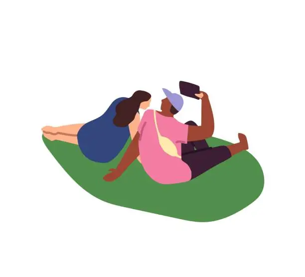 Vector illustration of Cute couple relaxes on lawn during walk in park. Lovers sit on grass on romantic date outdoor. Girlfriend and boyfriend take selfie photo together by phone. Flat isolated vector illustration on white