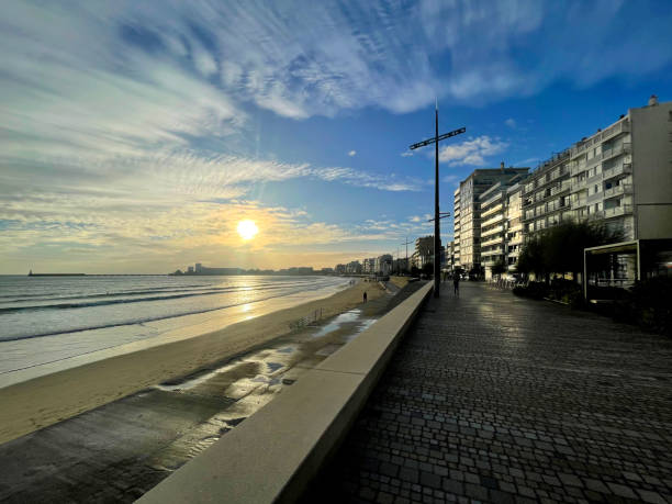 Apartments on the coast at sunset at Les Sables d'Olonne in France. September 2022