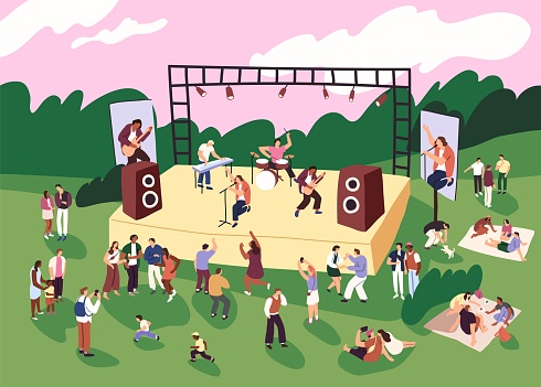 Open air music festival. Musicians play perform on stage. People crowd listens to performance, have picnic, dance on live rock concert outdoor. Pop band sings song in park. Flat vector illustration.