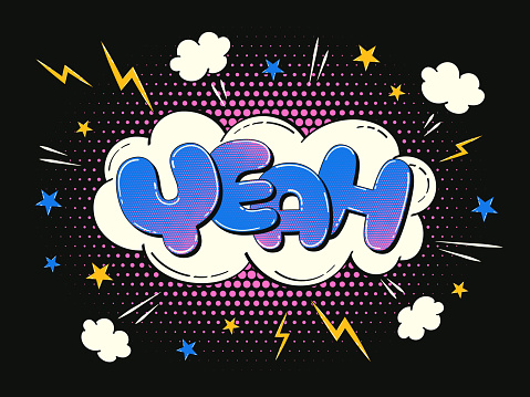 Comic speech bubble in the shape of a cloud with halftone effect. Multi-colored illustration with the word 