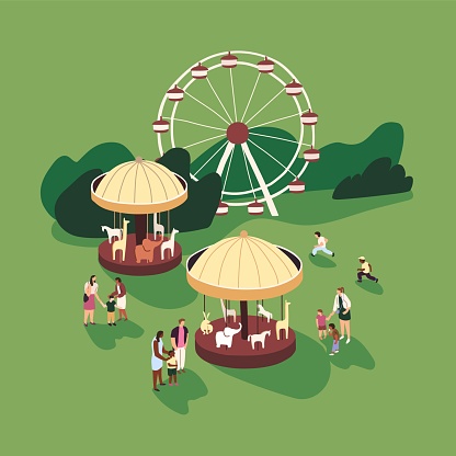 People have fun in amusement park. Kid's carousels, attractions. Children play at funfair in summer. Merry go round, ferris wheel, roundabout carrousel. Family entertainment. Flat vector illustration.