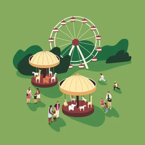 Vector illustration of People have fun in amusement park. Kid's carousels, attractions. Children play at funfair in summer. Merry go round, ferris wheel, roundabout carrousel. Family entertainment. Flat vector illustration