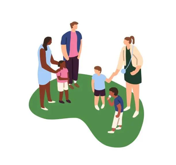 Vector illustration of Friends meeting outdoor. Families communicate in park. Parents introduce shy children. Kids dating to play, have fun together. Summer walk at nature. Flat isolated vector illustration on white