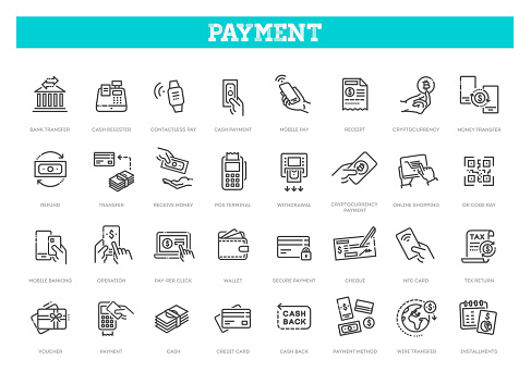 Payment icon set. Business and finance payment collection with money, banking, credit card, exchange, cash and transaction symbol