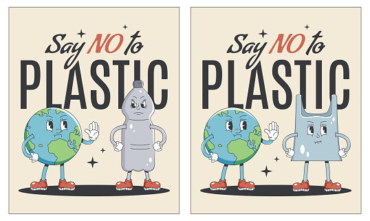 Set of posters for Earth day with text No plastic. Groovy characters bottle, plastic bag and planet Earth in retro style. World environment cards. Vector illustration